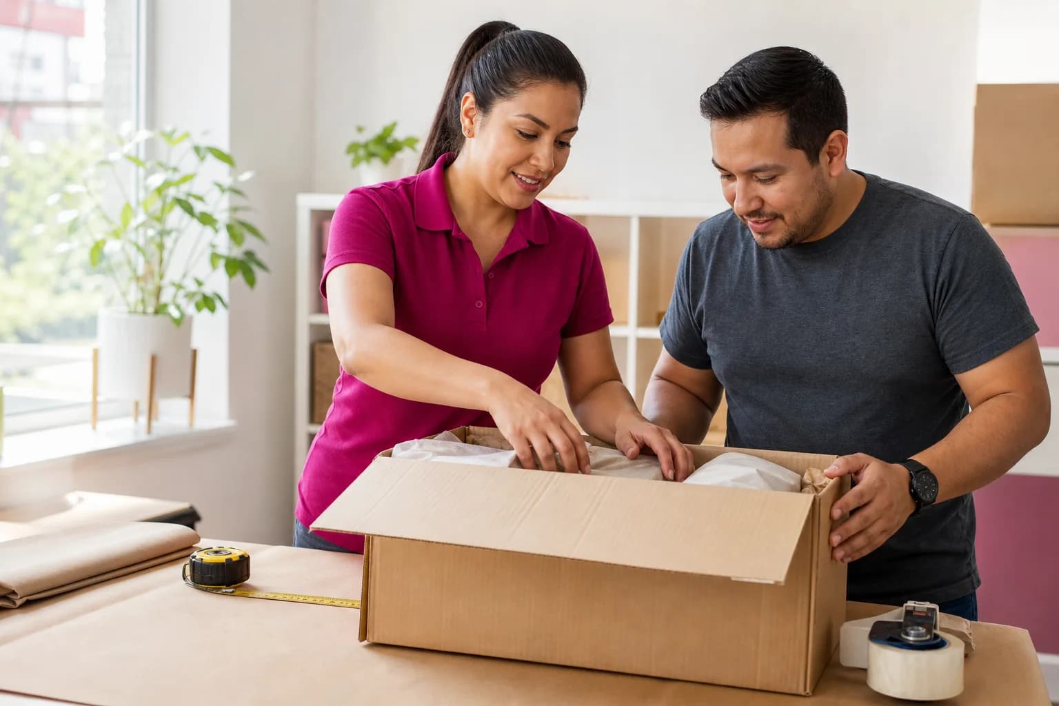 Representante de Paquetería Colibrí orientando a un cliente mientras prepara su caja